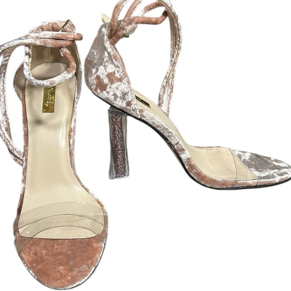 Qupid pink crushed velvet 4” square glitter heels. Clear ,sheer at toes,EC ,box - Picture 1 of 12